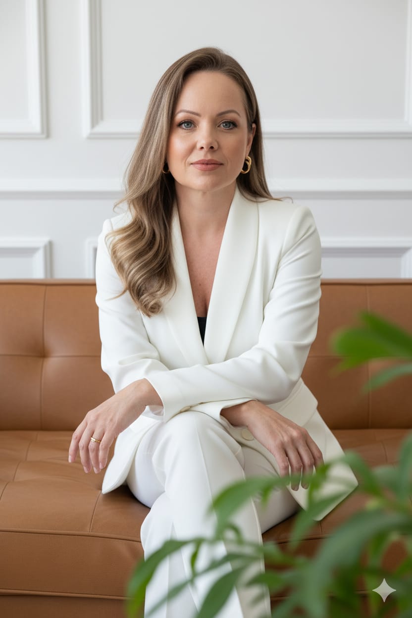 Mirela Rzatki em terno branco, retrato profissional